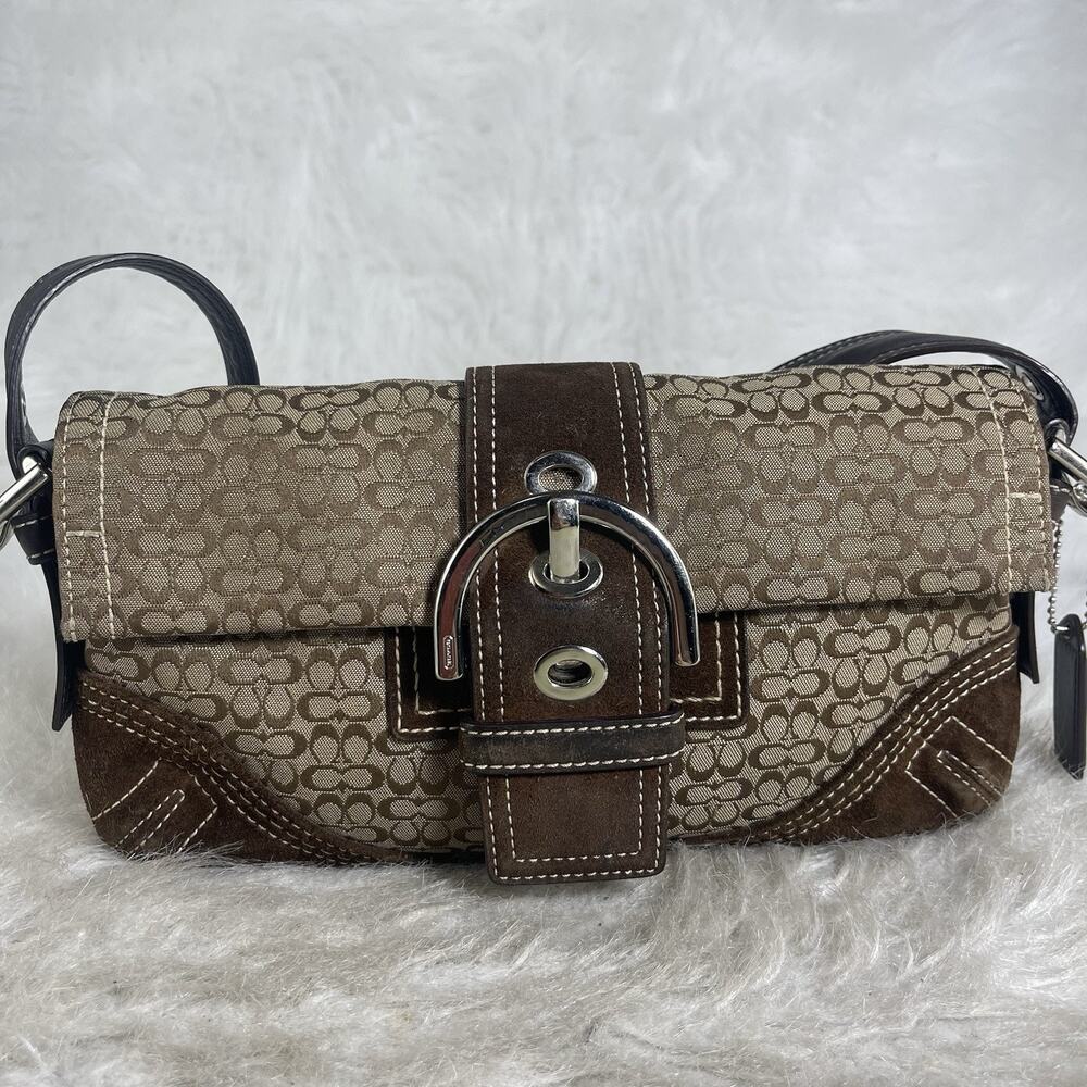 Vintage Coach Soho 3628 Signature Suede Jacquard Baguette Shoulder Bag Y2K Brown